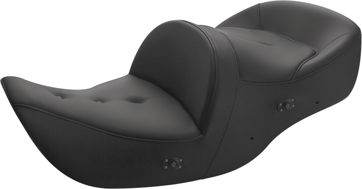 Black SADDLEMEN Roadsofa heated seat with pillow top, without backrest, designed for motorcycles, by Bill's Exhausts.
