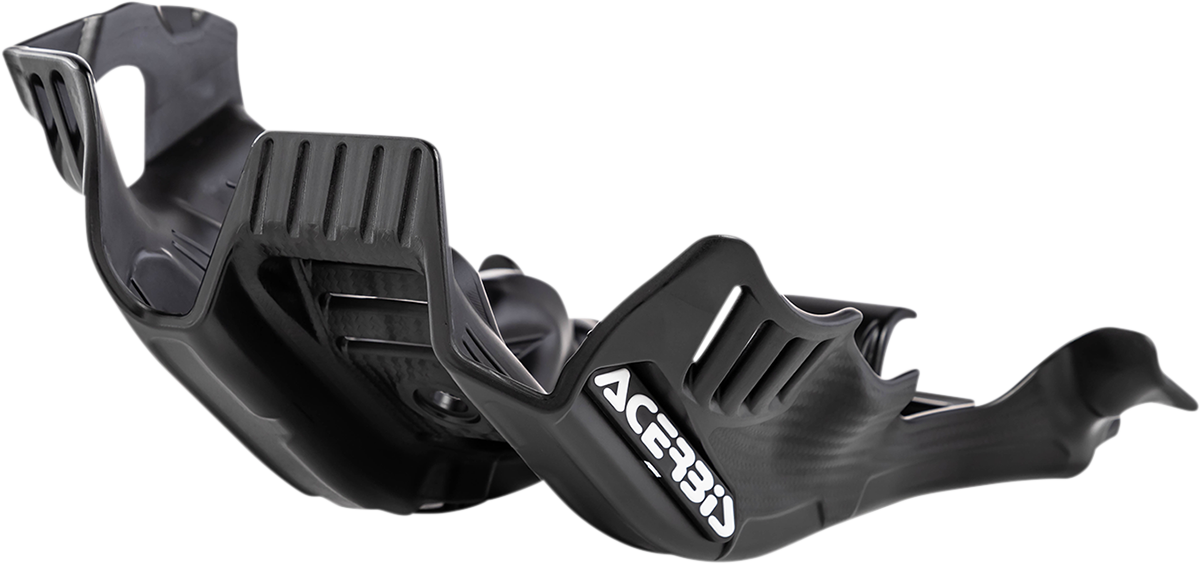 A black and white ACERBIS skid plate for Gas Gas, Husqvarna, and KTM bikes, designed to protect the motorcycle’s body.