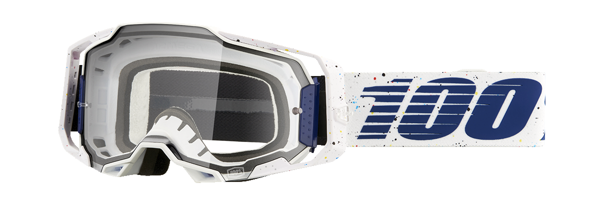Bill's Exhausts 100% Armega Solis goggles with clear lenses, adjustable strap, and ventilation for motorcycle or sports use.