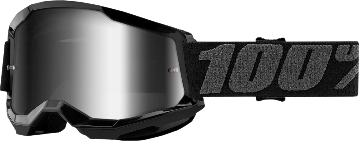 Bill's Exhausts 100% Strata 2 Goggles in black with silver mirror lenses, designed for motocross or off-road riding.