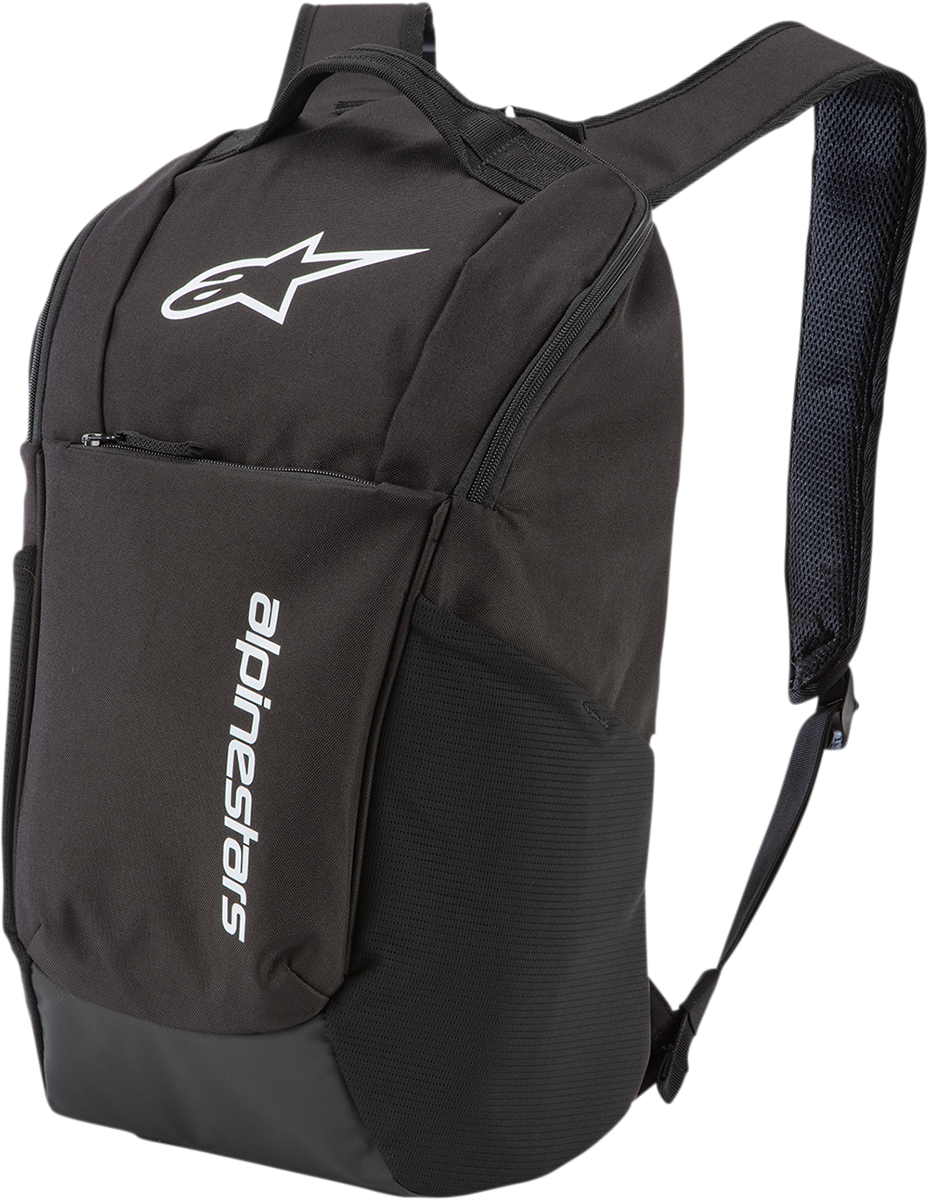 Black Alpinestars Defcon V2 backpack with protective gear features, designed for motorcycle safety and storage.