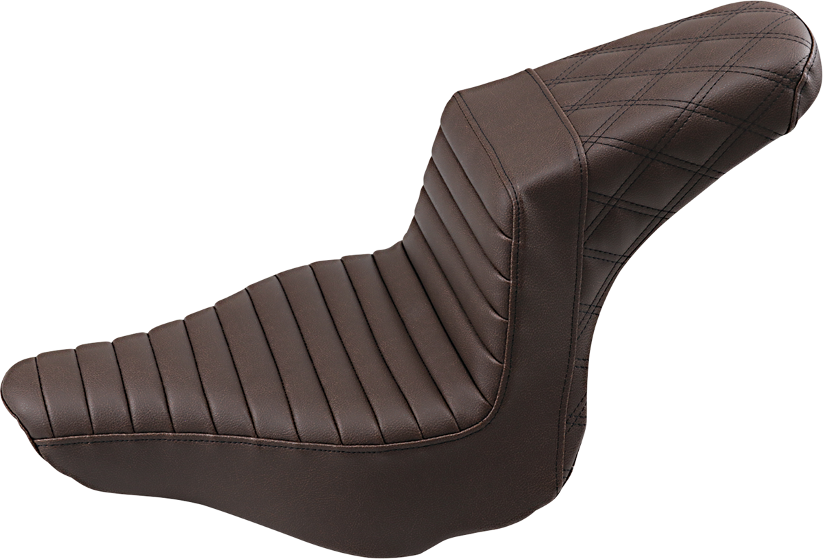 Bill's Exhausts Saddlemen step-up motorcycle seat with front tuck-n-roll and rear lattice stitch in brown leather.