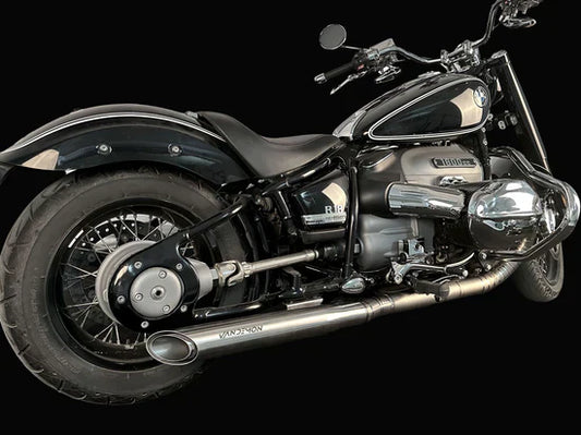 BMW R18 titanium exhaust system by Bill's Exhausts, rear view, showcasing sleek metallic finish and exhaust pipes for BMW R18 (2020-2025).