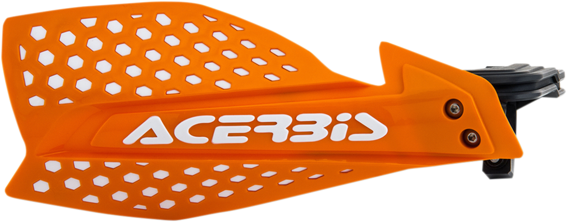 Acerbis X-Ultimate orange and white motorcycle handguards mounted on handlebars, designed for protection and durability.