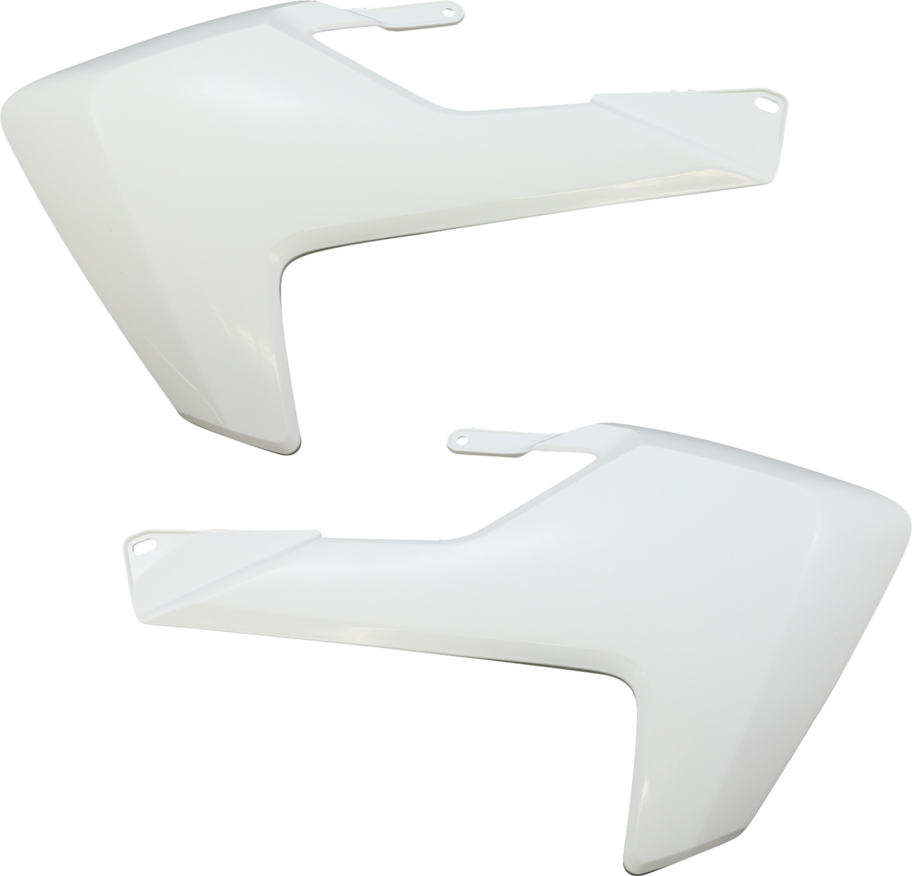 White ACERBIS radiator shrouds for motorcycle body, designed for durability and style, with visible mounting points and sleek finish.