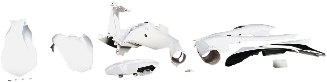 A white and black Acerbis full replacement body kit for motorcycle, featuring sleek design and durable plastic construction.