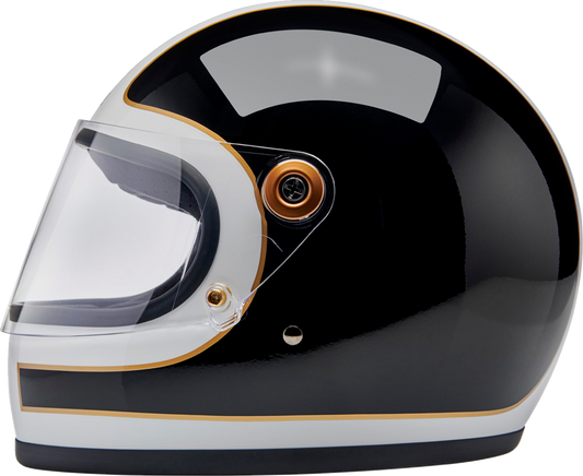 BILTWELL Gringo S helmet in gloss white and black tracker design, XS size, with a smooth aerodynamic shell and ventilation vents.