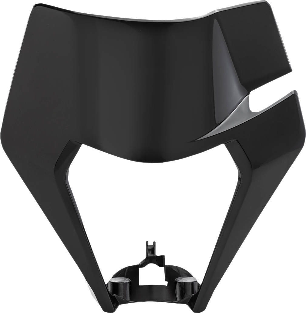 A black Acerbis headlight mask for motorcycle body, featuring sleek design and mounting points, designed for Bill's Exhausts.