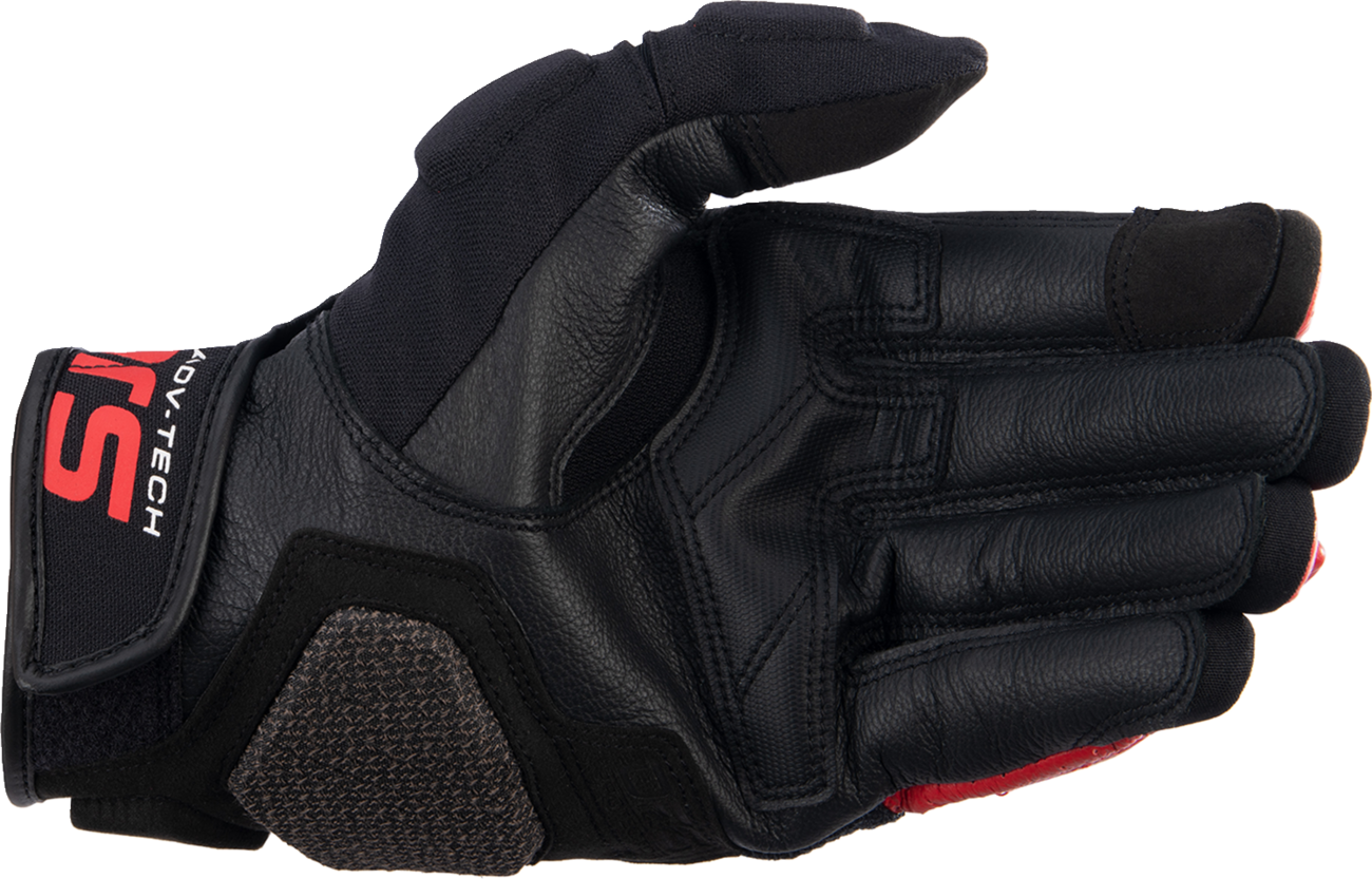 Alpinestars Halo gloves in black, white, and bright red, medium size, showing the protective motorcycle glove design.