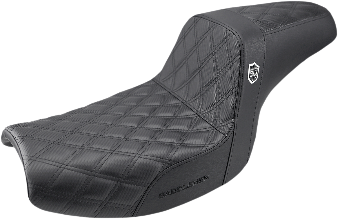 Bill's Exhausts SADDLEMEN Pro Series SDC motorcycle seat in black with full lattice stitch and lumbar gripper for enhanced comfort
