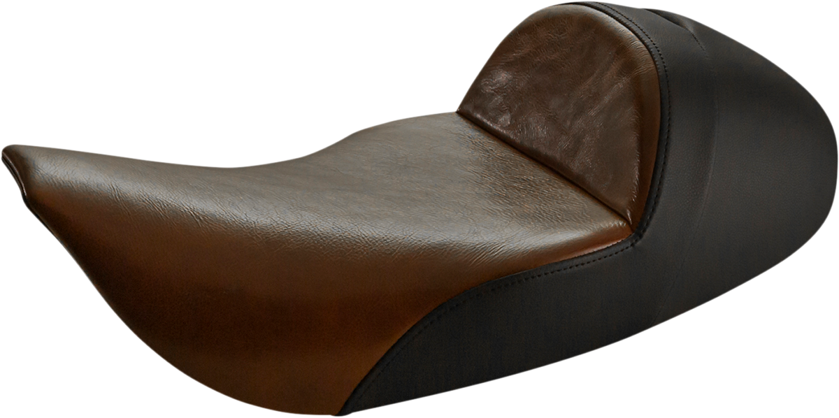 Bill's Exhausts Saddlemens Lariat Solo low seat in distressed brown with detailed stitching and ergonomic design for motorcycle riding.