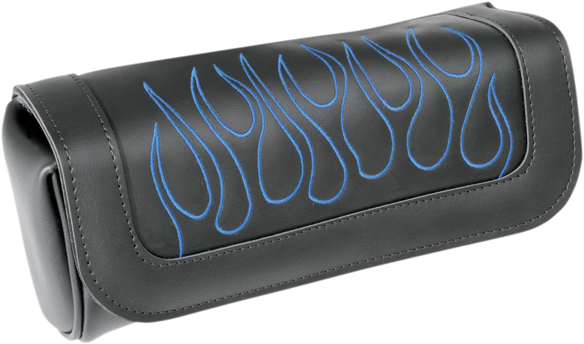 Blue Saddlemens Tool Pouch Flame design, designed for motorcycle seats, from Bill's Exhausts, shown attached to a seat.