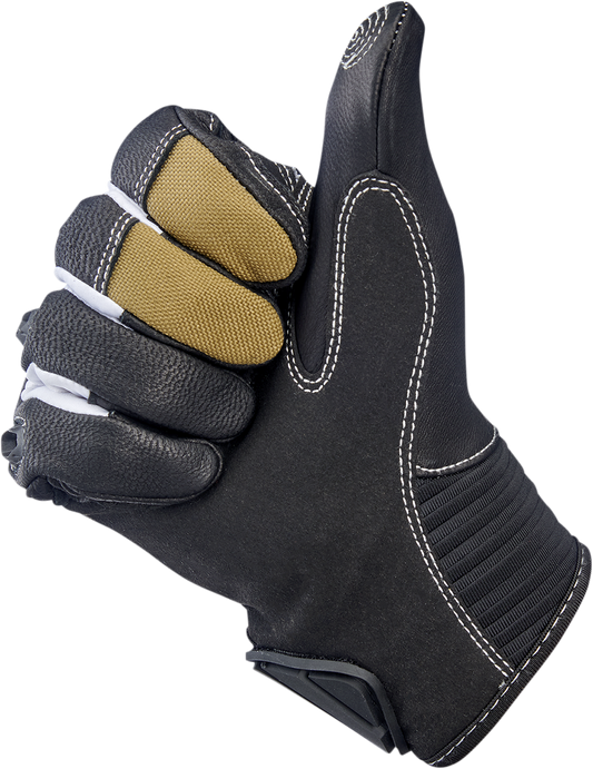 Tan Biltwell Bridgeport Gloves in large size with rugged leather and reinforced knuckles for motorcycle riding comfort.