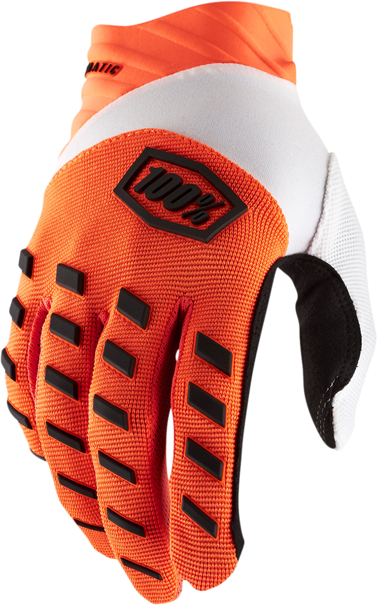 Bill's Exhausts 100% Airmatic Gloves in fluorescent orange, XL size, showing textured fabric and secure wrist closure.