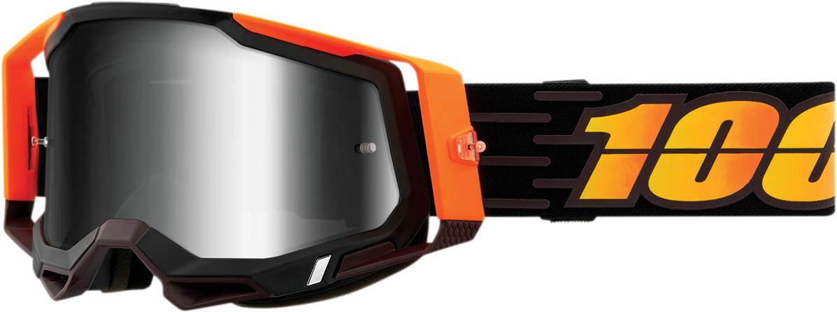 Bill's Exhausts 100% Racecraft 2 Goggles in silver mirror with sleek design, ideal for racing and outdoor activities.