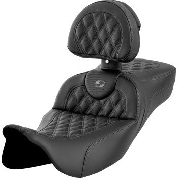 SADDLEMEN Roadsofa™ extended reach motorcycle seat with lattice stitch, dark gray stitching, backrest for FL models 2008-2023.