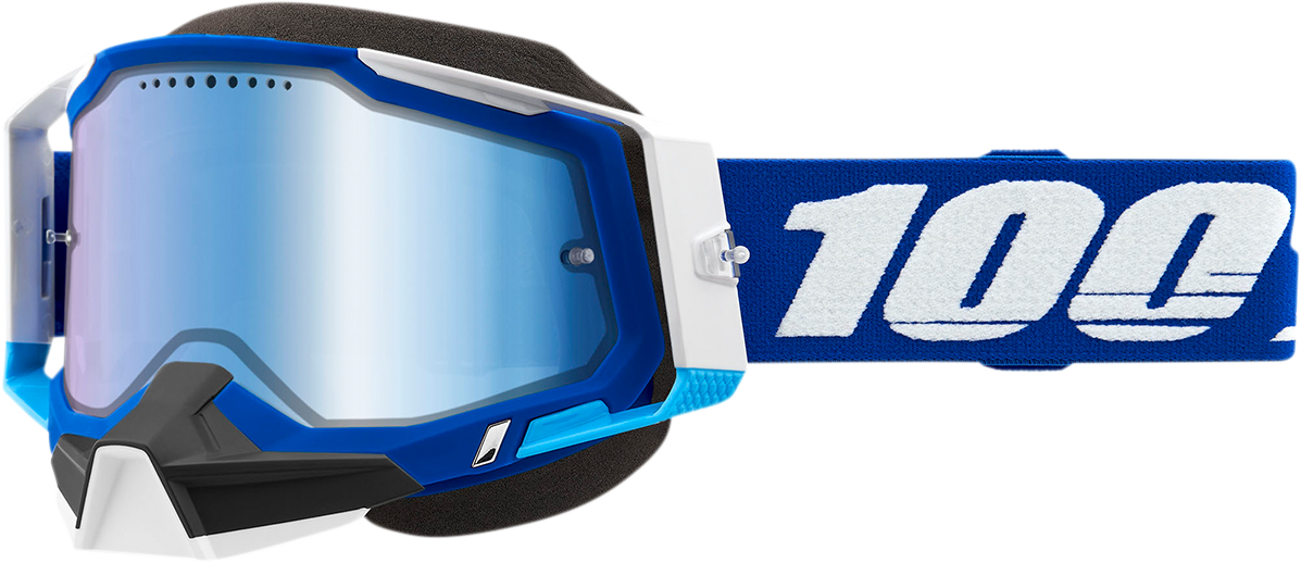 Bill's Exhausts 100% Racecraft 2 snow goggles with blue mirror lenses, featuring a sleek blue frame for winter sports.