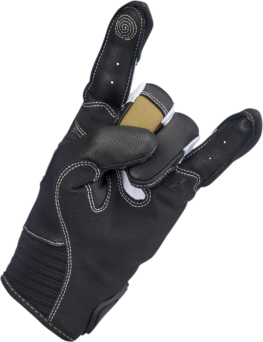 Tan Biltwell Bridgeport gloves in XL size, featuring durable leather and classic motorcycle glove design from Bill's Exhausts.