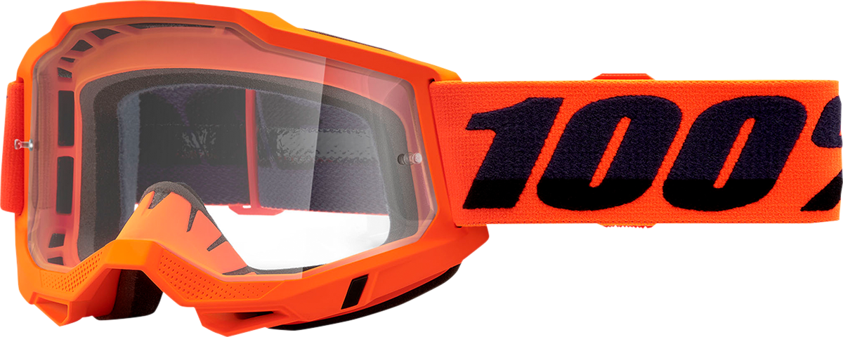 Bill's Exhausts 100% Accuri 2 OTG goggles in neon orange with clear lenses, designed for motorcycle or sports use.