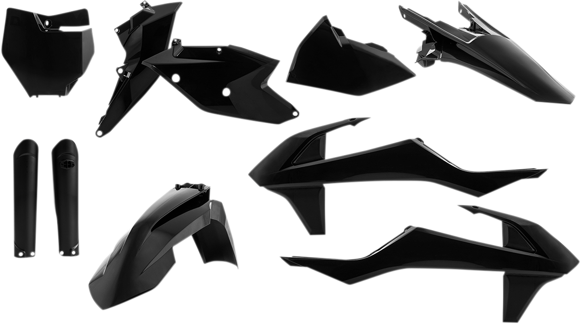 A black Acerbis full replacement body kit for motorcycles, featuring sleek, aerodynamic panels and detailed design elements.
