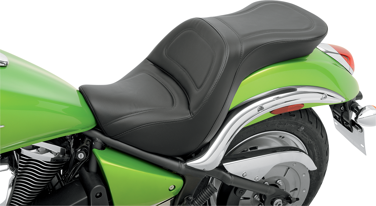 Black SADDLEMEN Explorer seat for VN900 motorcycle, stitched design, without backrest, by Bill's Exhausts.