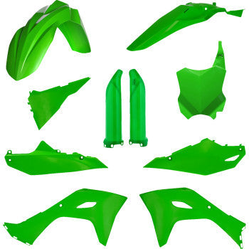 A green and white Acerbis full replacement body kit for motorcycles, featuring sleek design and durable construction.