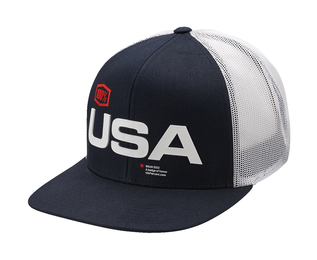 Bill's Exhausts 100% MX of Nations Navy hat, one size, with embroidered logo, adjustable strap, and classic baseball cap style.
