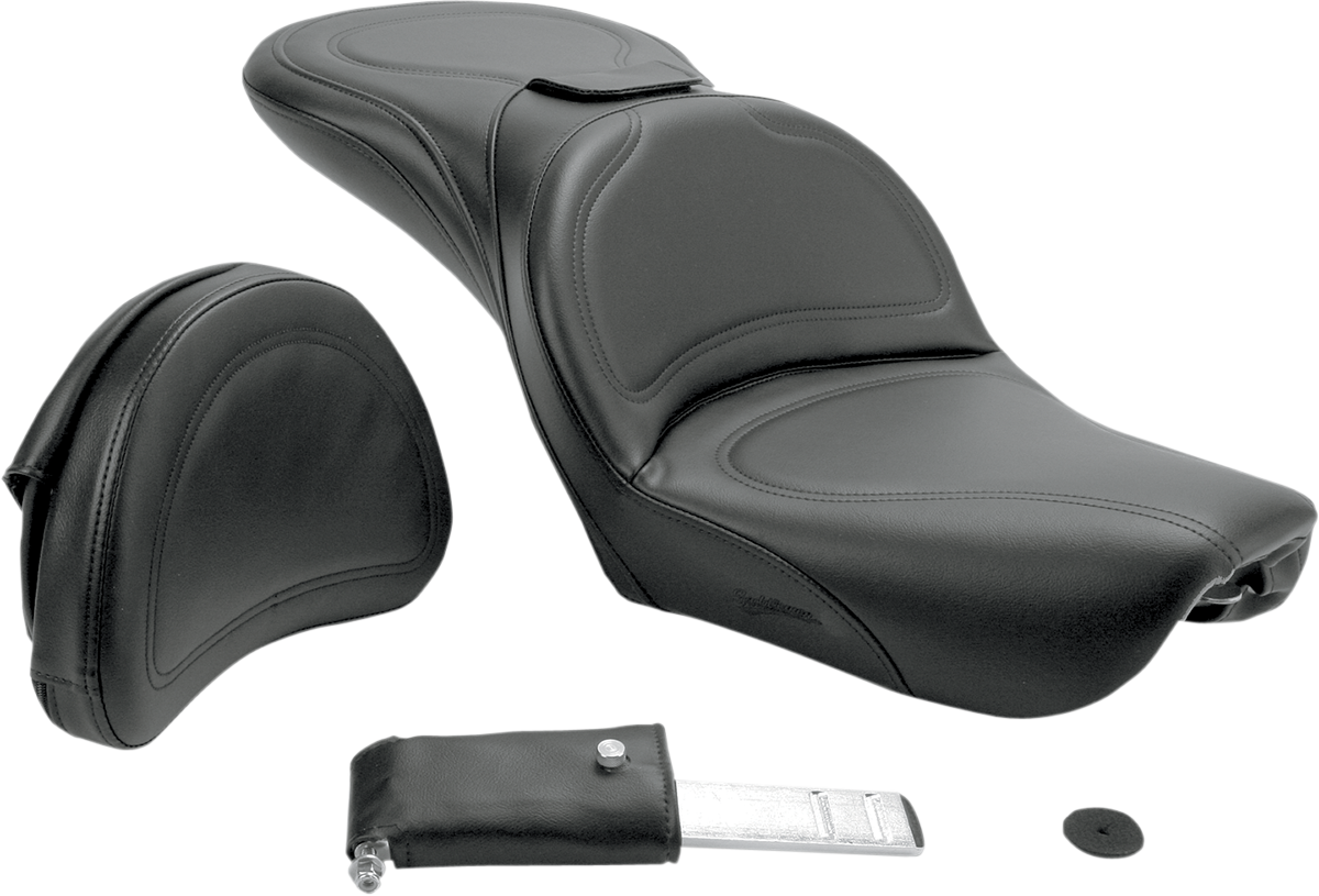 Black SADDLEMEN Explorer seat with stitched design and backrest for FXDWG 2004-2005 motorcycle, featuring a comfortable, custom fit.