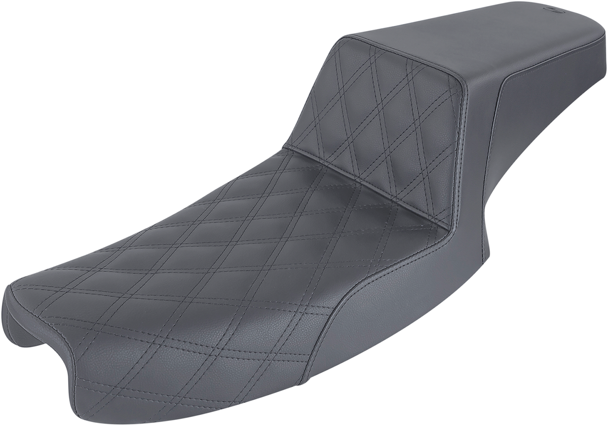 Black SADDLEMEN Step-Up Seat with front lattice stitch for Dyna motorcycles, designed by Bill's Exhausts.