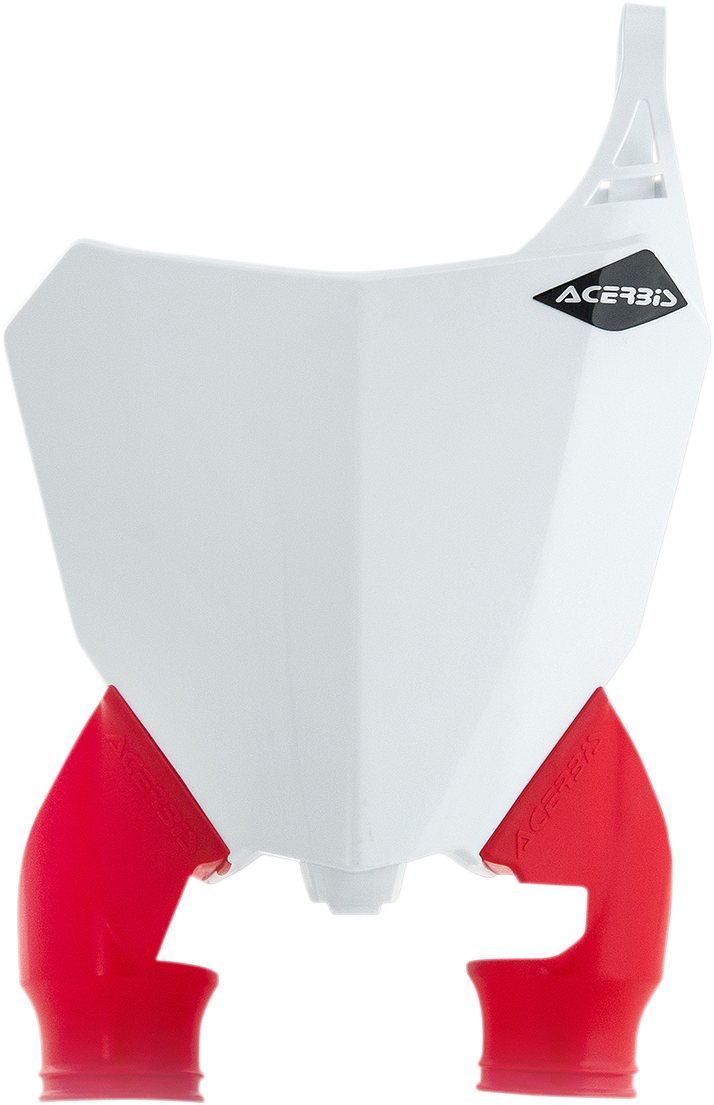 Acerbis Raptor white and red number plate for motorcycle, featuring bold graphics and mounting holes for easy installation.