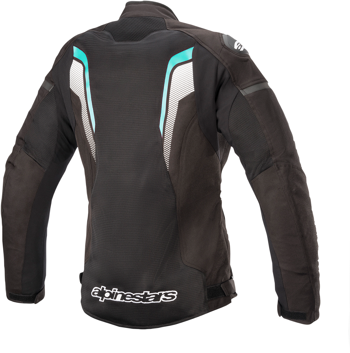 Alpinestars Stella T-GP Plus R v3 Air motorcycle jacket in black, white, and teal, size large, with protective armor visible.