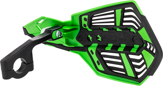 A pair of ACERBIS X-Future green and black motorcycle handguards with mounting brackets on a body background.