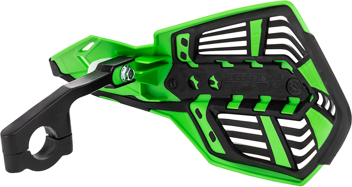 A pair of ACERBIS X-Future green and black motorcycle handguards with mounting brackets on a body background.