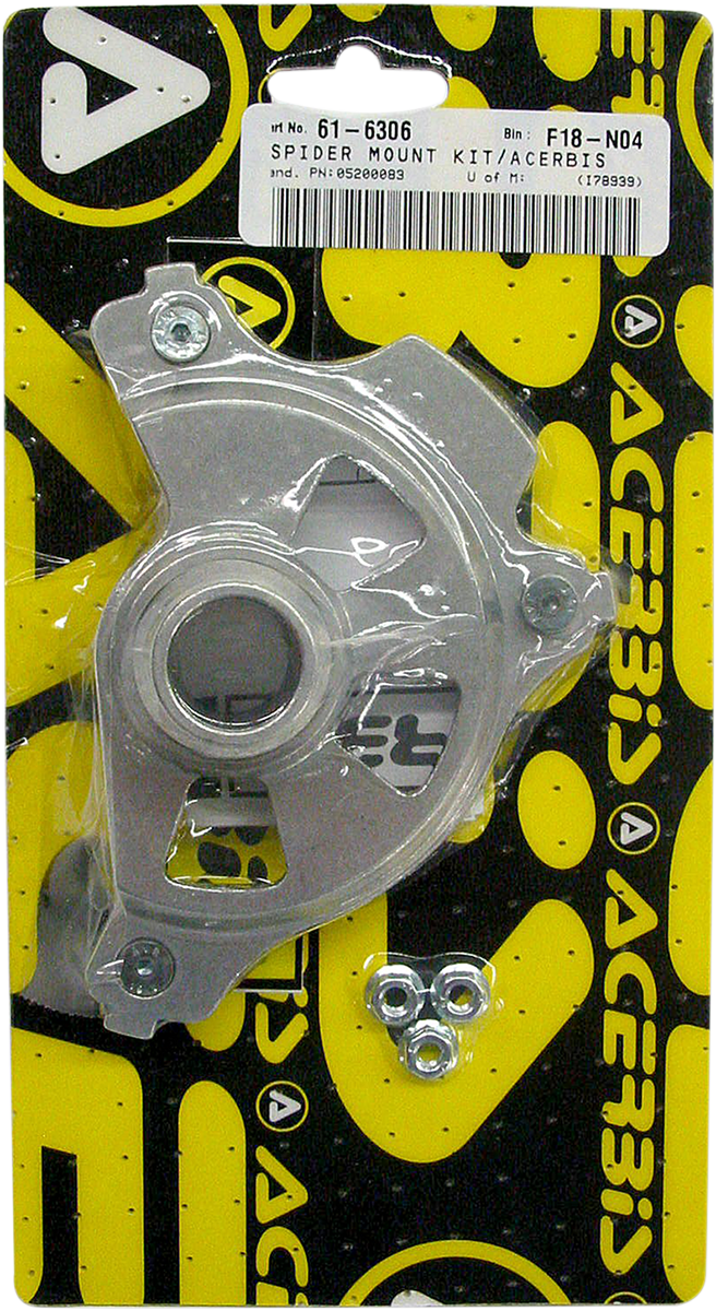 A close-up of the ACERBIS unfinished disc cover mount kit for Kawasaki, showing metal body parts and mounting hardware.