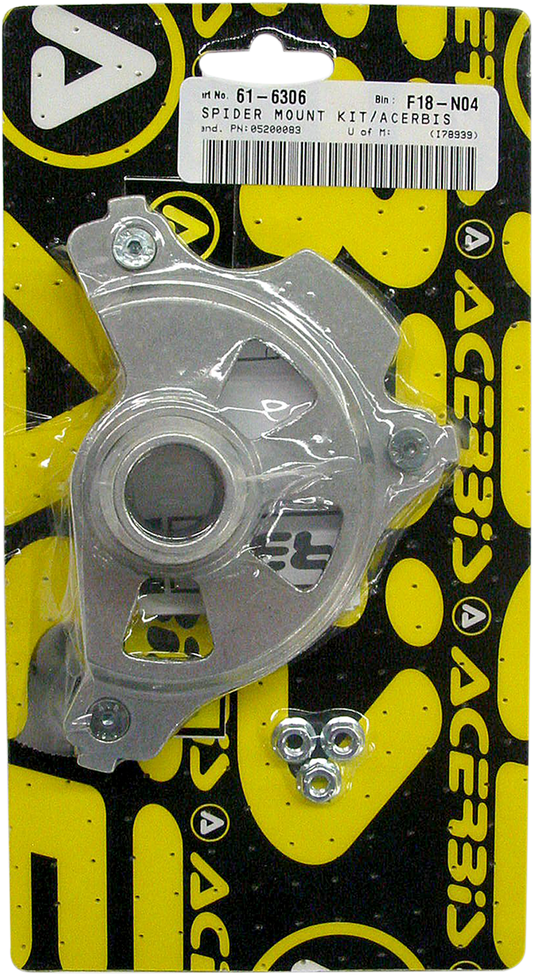 A close-up of the ACERBIS unfinished disc cover mount kit for Kawasaki, showing metal body parts and mounting hardware.