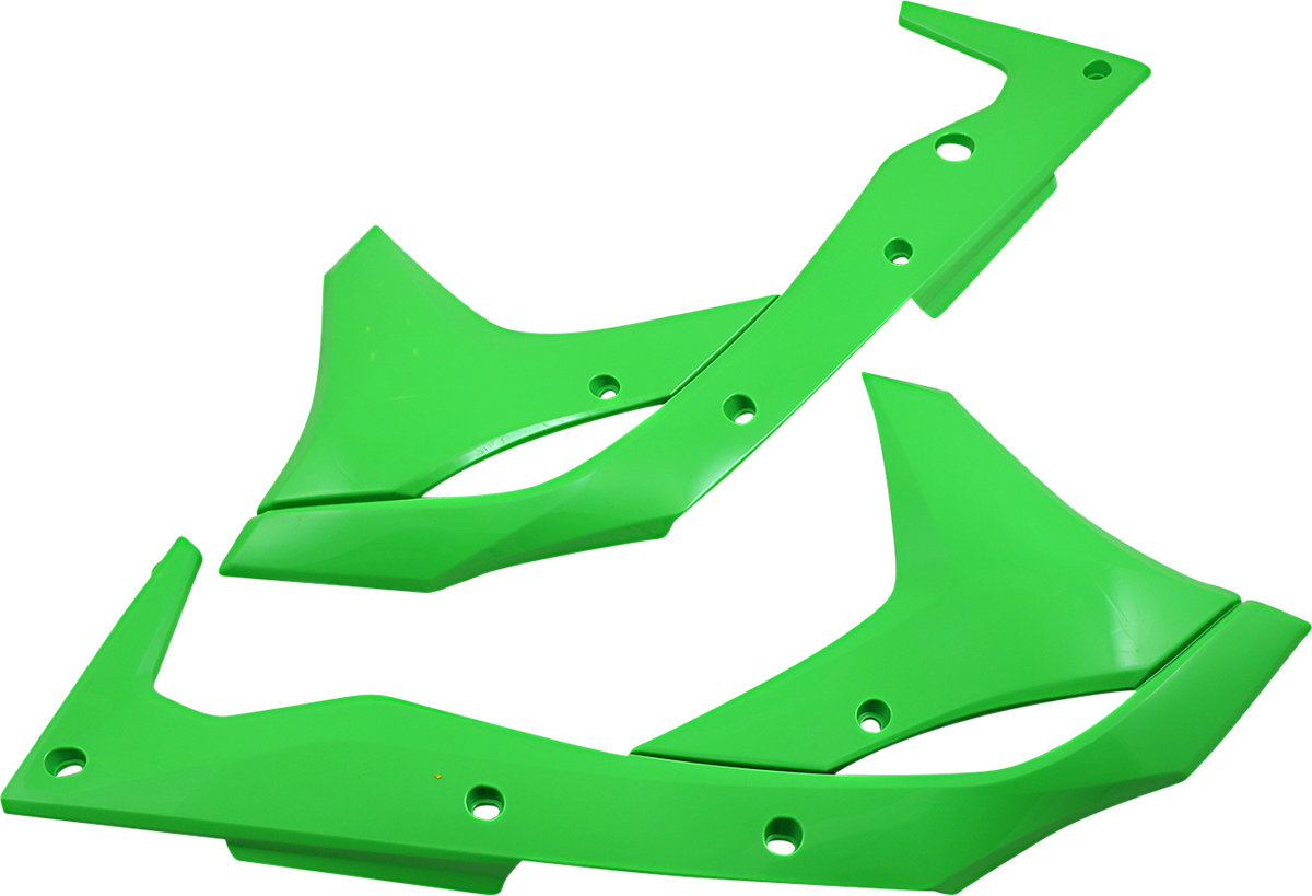 Green ACERBIS radiator shrouds for body protection, featuring the Bill's Exhausts branding on a sleek motorcycle part.
