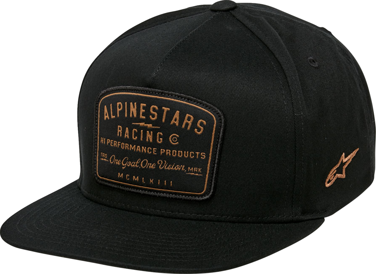 Black and brown ALPINESTARS Region hat with adjustable fit, featuring a stylish design and branded logo.