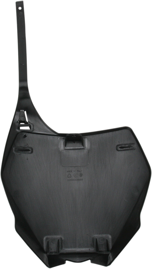 A black Acerbis front number plate for YZ125/250 dirt bikes, featuring the NF 15 model, mounted on a motorcycle body.