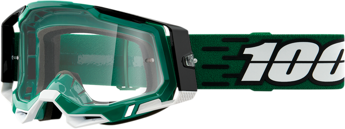 Clear 100% Racecraft 2 goggles from Bill's Exhausts with Milori lens, designed for racing and high-performance activities.