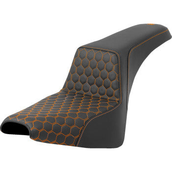 SADDLEMEN Step-Up Seat for FXBB/FXST Harley Davidson, honeycomb design with orange stitching, compatible with 2018-2024 models