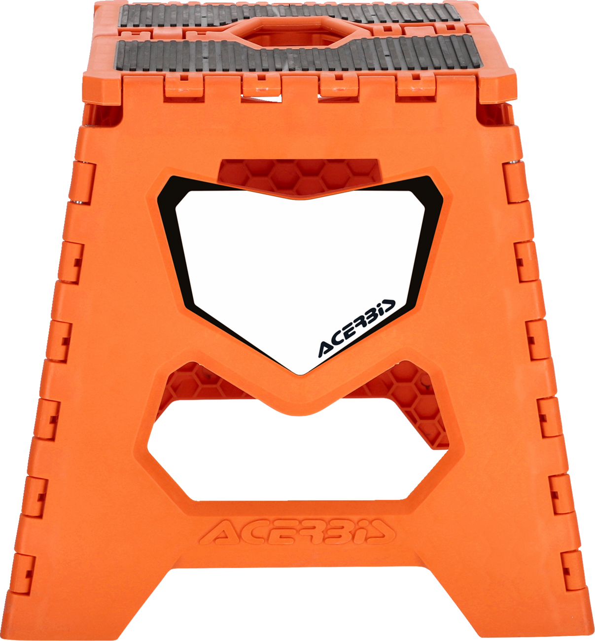 Folding orange and black ACERBIS bike stand displayed on a body, designed for easy stability and support for bicycles.