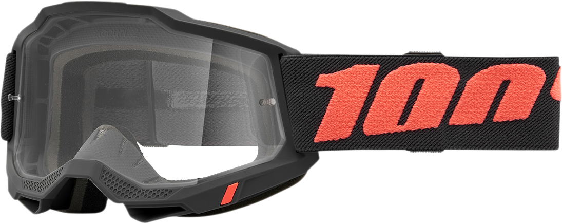 Clear 100% Accuri 2 goggles by Bill's Exhausts with Borego strap, shown with transparent lens and adjustable headband.
