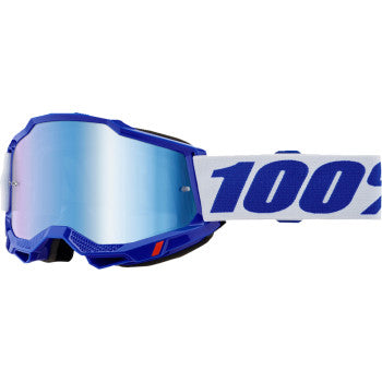 Blue Accuri 2 goggles with blue mirror lenses, designed for protective sports or riding, featuring a sleek, aerodynamic shape.