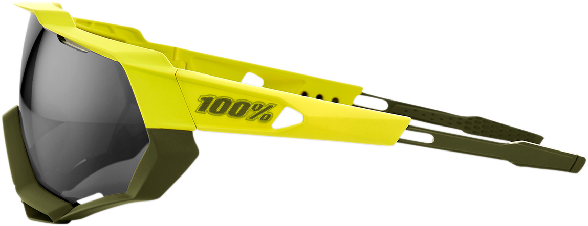 Bill's Exhausts 100% Speedtrap sunglasses with yellow frame and black mirror lenses, sporty and stylish eyewear for active wear.