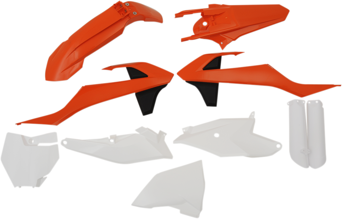 Acerbis full replacement motorcycle body kit in OEM orange, white, and black colors, designed for seamless fit and stylish look.