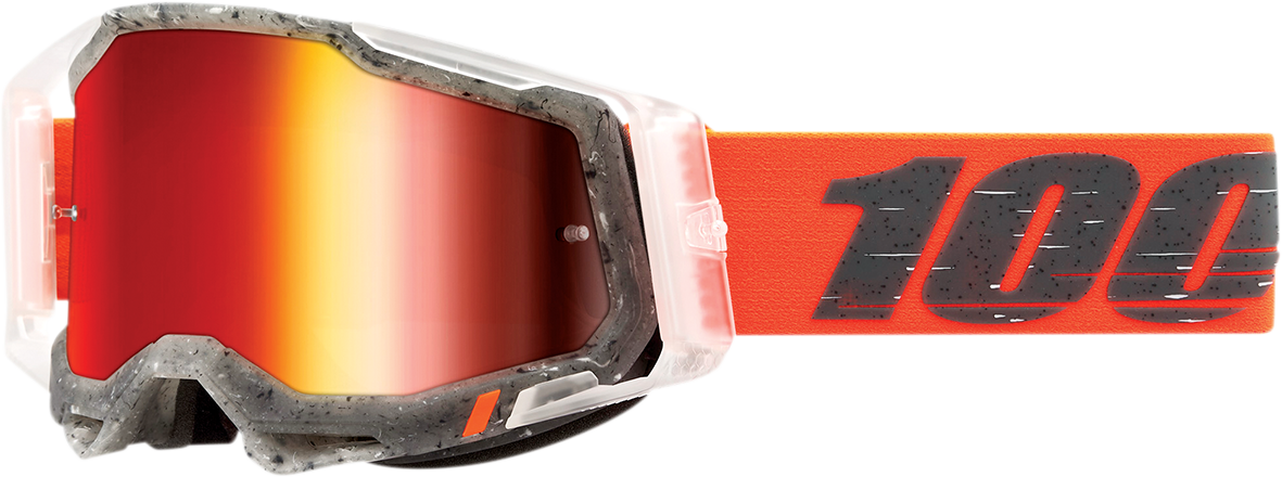 Bill's Exhausts 100% Racecraft 2 goggles with red mirror lenses, featuring a sleek design for motocross and off-road riding.