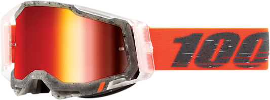 Bill's Exhausts 100% Racecraft 2 goggles with red mirror lenses, featuring a sleek design for motocross and off-road riding.