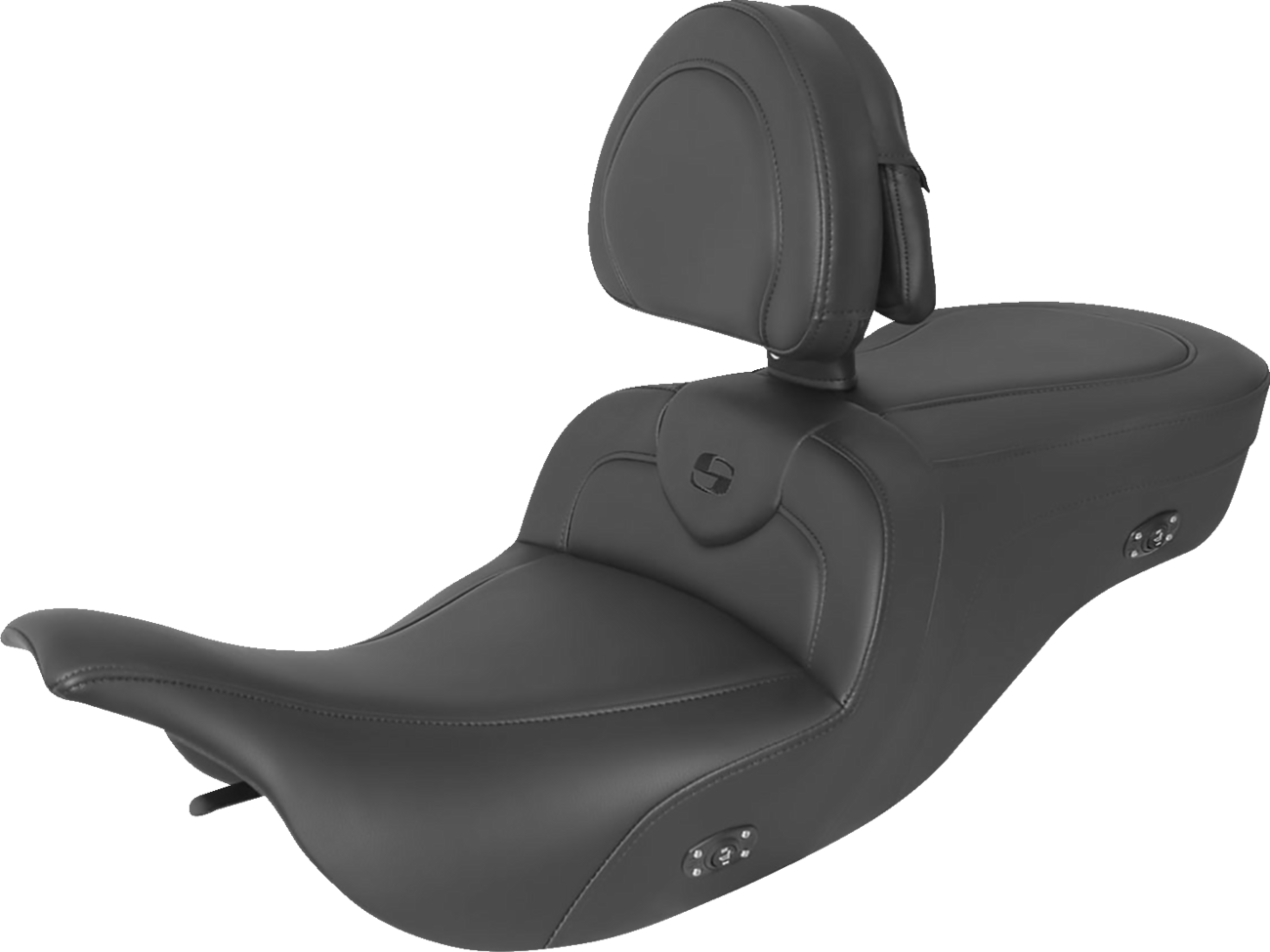 Heated RoadSofa seat by Saddlemens with backrest in black with matching stitching, designed for motorcycle comfort.