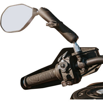 Black RAM MOUNTS Tough-Mirror™ side view with oval shape and ball attachment, designed for left side installation.