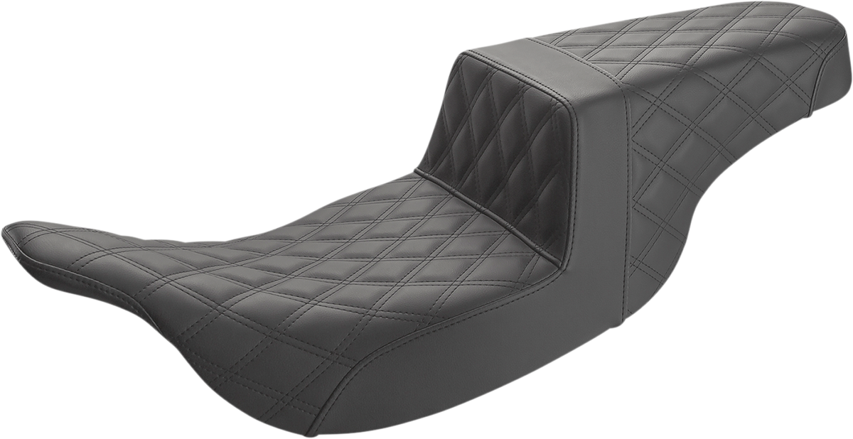 Black Saddlemens Step-Up Seat with full lattice stitch for motorcycles, featuring a sleek design and cushioned comfort.